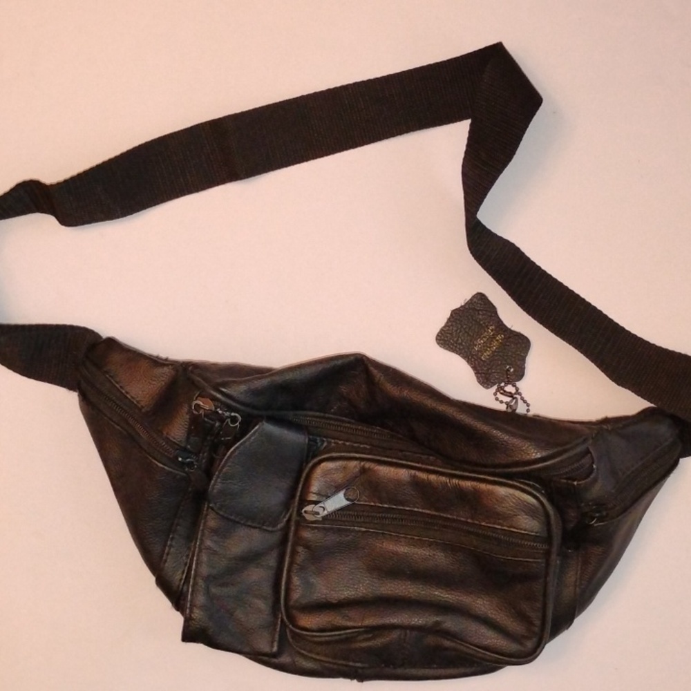 Black Leather Belt Bag, Unisex, Pre-owned